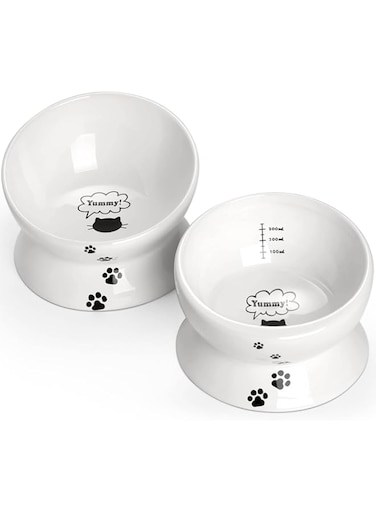 Y YHY Raised Cat Food Bowl Set, Ceramic, Tilted Elevated Bowls, 2 Bowls, 3.6 in &amp; 3 in, White