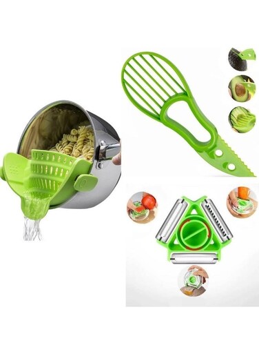 Ozone 2-in-1 Avocado Slicer Cutter &amp; Silicone Snap &acirc;&euro;&tilde;N&acirc;&euro;&trade; Strain Strainer   3-in-1 Peeler Set   Premium Kitchen Accessories Combo for Effortless Food Prep
