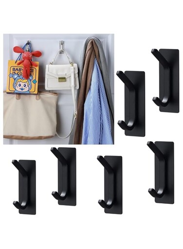 6 Pcs Adhesive Wall Hook Towel Hooks,Heavy Duty for Hanging Towels, Robes, Coats, Keys,Calendars, Hats Stick on Bathroom/Room/Door/Kitchen SUS 304 Stainless Steel (B - Matte black)
