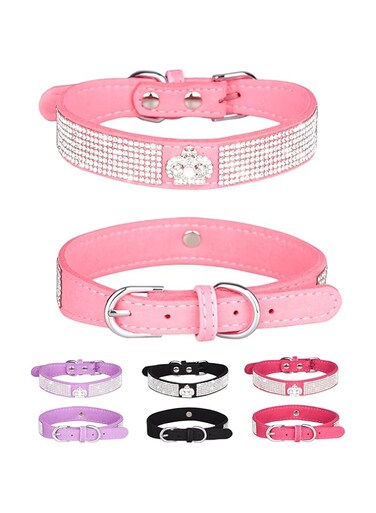 Bling Dog Collar for Small Medium Large Dogs, Crown Rhinestone Dog Collars for Girl and boy Dog, Diamond Puppy Collars, Adjustable Leather Suede SOFE Cat Collar (XS(8.2"-10.6"/21CM-27CM), Pink)