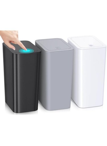 Lomeshow 3 Pack Bathroom Small Trash Can with Lid,10L / 2.6 Gallon Slim Garbage Bin Wastebasket with Pop-Up Lid for Bedroom, Office, Kitchen, Craft Room, Fits Under Desk/Cabinet/Sink