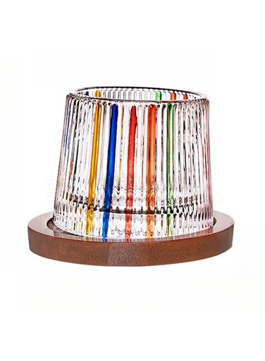 crystal cup, rotating crystal cup with creative wooden coaster, can be used to hold water, juice and drinks (vertical stripes contrasting color)