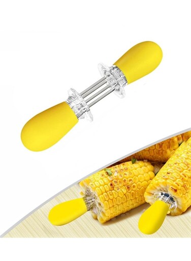 2 pcs Corn Cob Skewers, Stainless Steel Corn on The Cob Holders Skewers with Silicone Handle - BBQ Grill Food Prongs Skewers Forks Party (Yellow)