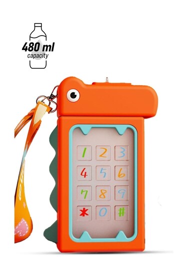 Dino Design Water Bottle for Kids, Leak-Proof Tritan Bottle with Strap, BPA-Free, Non-Spill, 480ml, Orange