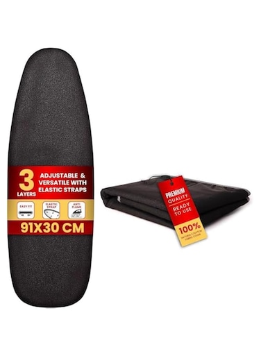 Roomwell 3-Layer Ironing Board Cover 91 x 30 cm - Flame Retardant 100% Cotton Iron Board Cover with Foam-Elasticized Edges with Heavy-Duty Velcro Strap, Grey