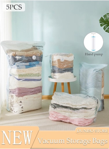 Vacuum Space Saver Bag, 5 Pack Small Size Reusable Vacuum Storage Bag(70 x 50 x 32 cm), Simple Style Three-dimensional Bag with Hand Pump, Suitable for cotton quilt, blanket, clothing