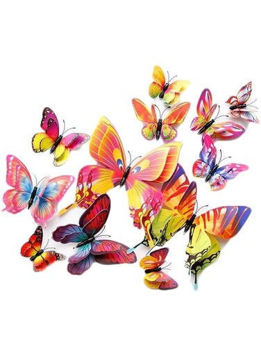 QUEENADA 12 Pack 3D Butterfly Wall Decor Set - 4 Sizes Removable Butterfly Wall Sticker Decorations for Cake Cupcake Toppers Birthday Girl Room Decals(coclorful)