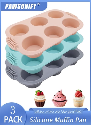 3 Pcs Food Grade Silicone Muffin Pan, 6-Cavity Nonstick Baking Tray for Muffins, Bakeware, Oven Microwave Dishwasher Freezer Safe, for Home Baking Meal Prep