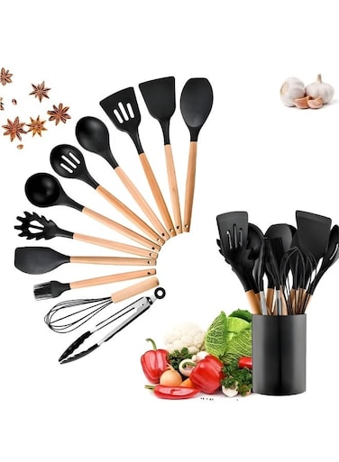 Productions Silicone Kitchen Utensil Set 12 Pcs, Silicone Cooking Utensils with Premium Bamboo Wood Handles Heat Resistant Nonstick, Easy-to-Clean Cookware Utensil Set (Black)