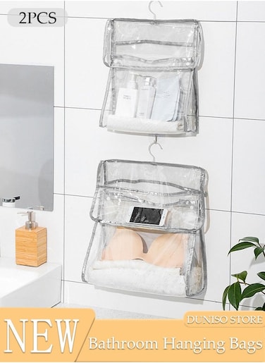 2pcs Clear Storage Bag for Bathroom, Waterproof Storage Organizer with Button and Hook, Clear Moisture Proof Dust Cover Bag Purse Organizer for Cloth Bags for Closet Hanging