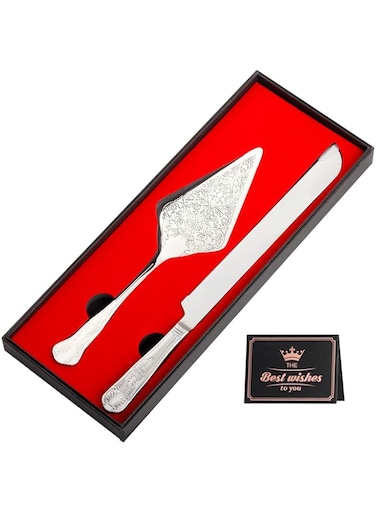 HECHOBO Wedding Cake Knife and Server Set, Stainless Steel Cake Cutting Set with Engraved Plating Pattern, Elegant Design, Perfect for Engagement, Anniversary, Birthday, Party, Prom (Silver)