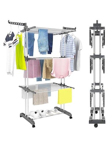 HIKKY Clothes Drying Rack, 4-Tier Folding Stainless Steel Clothes Drying Stand with 2 Adjustable Side Wings, Space Saving Free-Standing Laundry Stand for Towels, Clothes, Shoes, Quilts