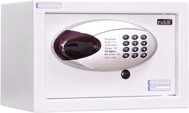 Rubik Small Hotel Safe Box with Digital Motorized Lock &amp; Emergency Keys, Electronic Security Safe for Home, Office &amp; Hotel Use, Steel (20x31x20cm) RBH20E White