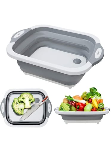 Foldable Multifunction Chopping Board, Collapsible Dish Tub Basin Cutting Board Colander, Vegetable Fruit Wash And Drain Sink Storage Basket, Space Saving For Kitchen Home (Grey)