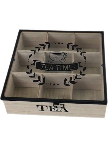 Black and Wood Tea Box, Natural Wood 9 Compartment Tea Bag Storage Chest, Multipurpose Organization Display Box with Clear Lid and Latch For Any Home Or Restaurant
