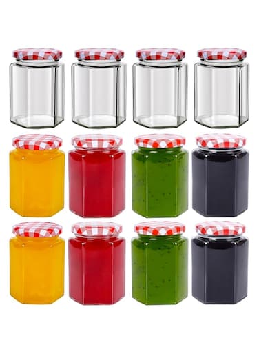 SKYLINK 12Pack 8oz Hexagon Glass Jars with Airtight Red Gingham Lids, Small Canning Jars for Jam, Honey, Pickling, Preserving, Spice Storage, DIY Candle Making &amp; Party Favors