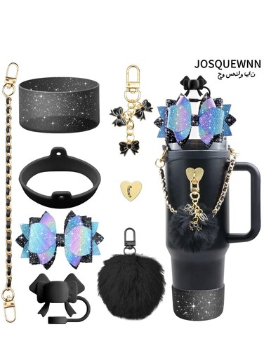 Stanley Cup Accessories for 40oz and 30oz Tumbler including Silicone Cute Bow Straw Topper Cover,Silicone Stanley Cup Boot,Leather Water Bottle Handle Strap, Charms,Black.