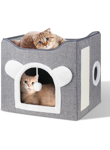 BIGTHREE Multifunction Cat House, Cats Bed for Indoor Cats, Cat Nest, Foldable Cat Cube Cave, Large Pet Play House with Fluffy Ball Hanging, Covered Cat Bed for Multi Small Pet Kitty(Grey)