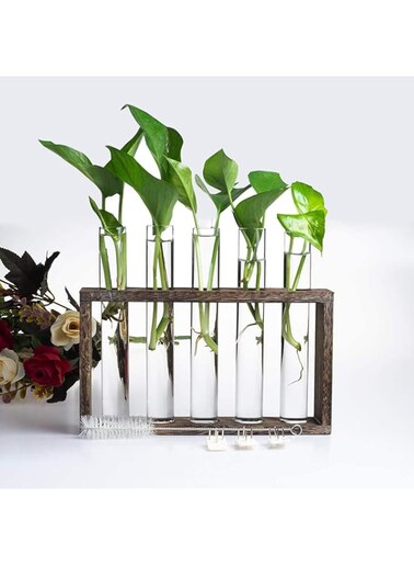 SYOSI Wall Hanging Glass Planter Plant Terrarium Modern Flower Bud Vase in Wood Stand Rack Tabletop Terrarium for Propagating Hydroponic Plants, Home Office Decoration with 5 Test Tube, Brown