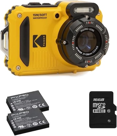 KODAK Pixpro Pack WPZ2 + 2 Batteries + 1 SD Card - Digital Camera Compact 16 m Pixel, Waterproof Upto 15 m, Shockproof, Video 720p, LCD Screen 2.7 - Li-ion Battery - Yellow