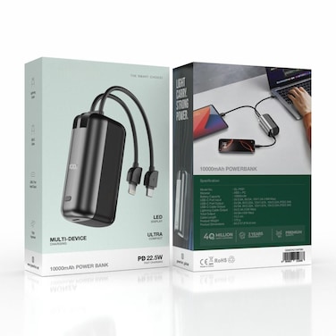 10000mAh Power Bank, 22.5W PD Fast Charging with Built-in Lightning &amp; USB-C Cables, LED Display