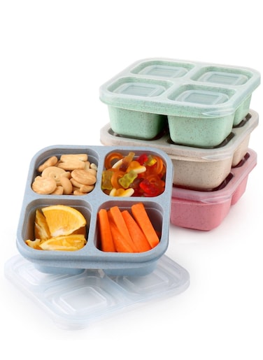 Reusable 4-Compartment Bento Snack Boxes (4 Pack) - Perfect Food Storage Containers for Kids and Adults, Ideal for School, Compact and Stackable