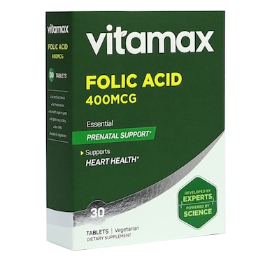 Vitamax Folic Acid 400 mcg Tablets For Prenatal Support &amp; Healthy Heart Function, Pack of 30's