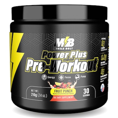 Muscle Bolt Power Plus Pre-Workout Supplement Powder With L- Arginine, Beta Alanine &amp; Creatine Monohydrate - Fruit Punch 210g