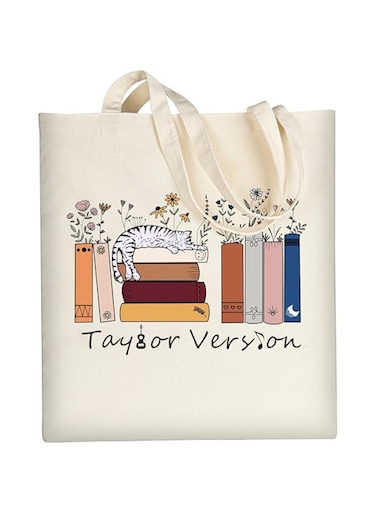 AUSVKAI Canvas Tote Bag Aesthetic for Women, Cute Reusable Cloth Cotton Bags for School Beach Grocery, Flower Cat Book Taylor, Large