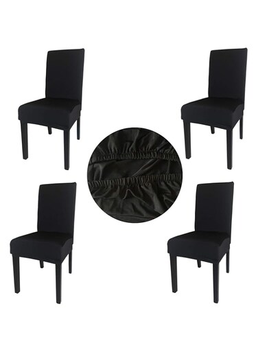 Gold Fortune Spandex Fabric Stretch Removable Washable Dining Room Chair Cover Protector Seat Slipcovers Set of 4 (Black)