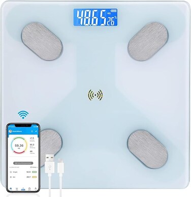 Multifunctional Smart Body Fat Scale, Electronic Led Digital Weight Bathroom Scale With Smartphone App, Support 17 Languages And Indoor Temperature Measurement, 260 * 260 * 23Mm Whtie