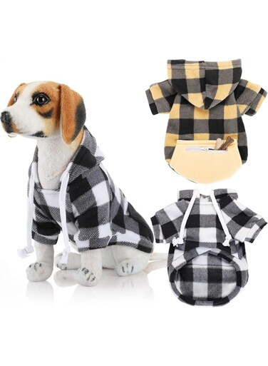 NALACAL 2 Pieces Plaid Dog Hoodies Buffalo Dog Hooded Sweatshirts Dog Cold Weather Coats Pet Clothes Apparel with Pocket for Small Medium Dogs (Black White, Beige Black,Medium)