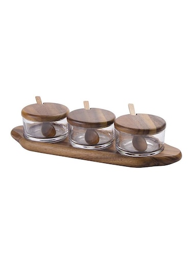 Acacia glass jars with bottom tray and spoons, Glass Pantry Storage Containers glass jars suitable for kitchen, restaurants, coffee shops looks attractive when served set of 3 - AC1005