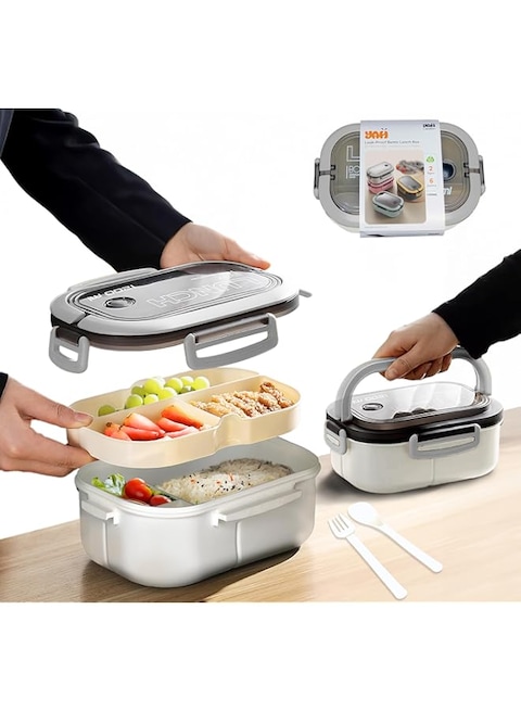 YAH Bento Lunch Box - Leak-Proof, BPA-Free, 2 Layers with 6 Compartments, Microwave &amp; Dishwasher Safe, Includes Cutlery &amp; Handle for Carrying