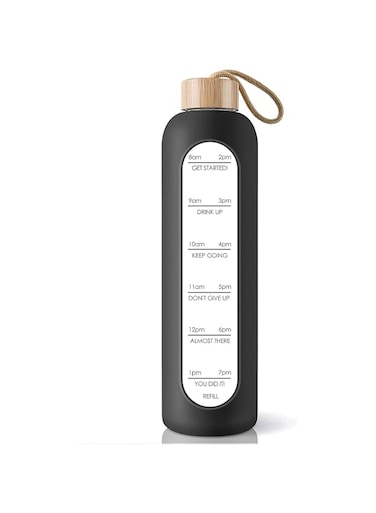 ELECDON 32 Oz Borosilicate Glass Water Bottle with Time Marker Reminder Quotes, Leak Proof Reusable BPA Free Motivational Water Bottle with Silicone Sleeve and Bamboo Lid