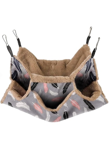 Petmolico Small Pet Hanging Triple-Layer Warm Hammock Bed Cage Accessories Bedding Hideout Playing Sleeping for Parrot Sugar Glider Ferret Squirrel Hamster Rat, Brown Feather