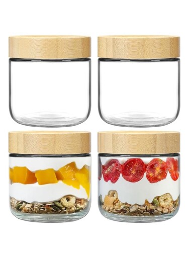 KASTWAVE 4 Pack 10oz Thick Glass Jar with Lid, Overnight Oats Containers with Lids, Reusable Leak Proof Wide Mouth Mason Jar, Glass Food Storage Containers, for Snacks Yogurt Spice Sugar