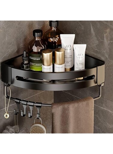 ECVV Triangle Space Aluminum Bathroom Shelf, THICKENED Shower Caddy Shelves, Wall Mount Organizer Storage Rack, Corner Shelf with Movable Hooks Towel Bar Bathroom Accessories (34L*22.4W*10H cm)