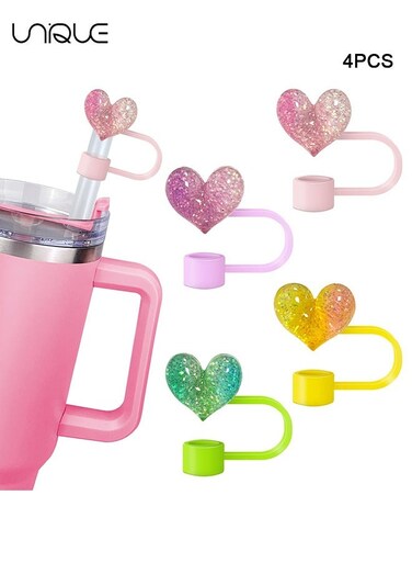 4 PCS Dustproof Straw Cap, Reusable Silicone Straw Lid Protector,Cartoon Pattern Plugs,for 0.4"/10mm Straw Fitting (Heart-shaped)