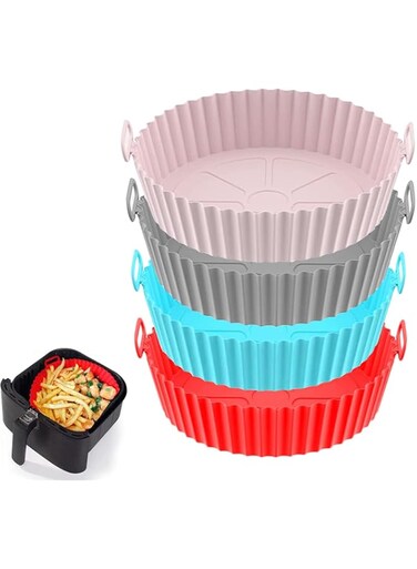FCfit Air Fryer Silicone Liners, 4 Pack Air Fryer Silicone Pot Reusable Air Fryer Silicone Basket Easy Cleaning Air fryers Silicone Pot for Oven Microwave Accessories(Pink Gray Red Blue)