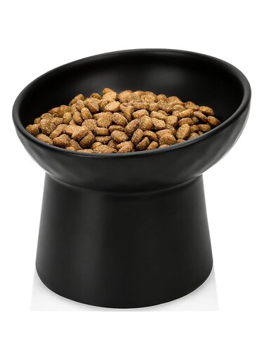 Small Ceramic Raised Cat Bowls, Tilted Elevated Food or Water Bowls, Stress Free, Backflow Prevention, Dishwasher and Microwave Safe, Lead &amp; Cadmium Free
