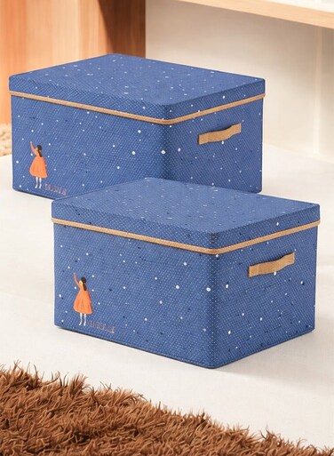 2 Piece Different Colour Fabric Clothes Storage Box with Lid, Large Capacity Multipurpose Folding Storage Bin, Moisture Proof and Dust Proof Organizer with Duty Handles for Pants, Quilts, Underwear, Toys and Books (50x40x30 cm)