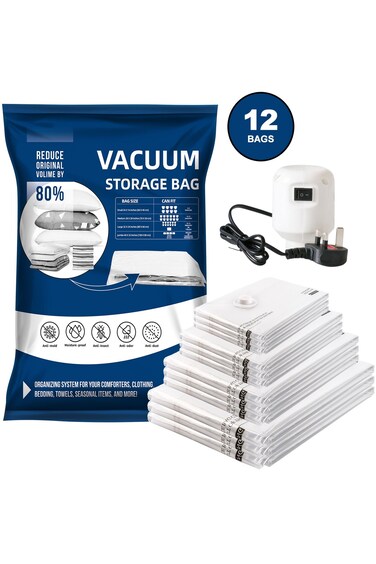Vacuum Storage Bags, Pack of 12, (3 Jumbo 3 Large 3 Medium 3 Small) with Free 55W Electric Pump, Reusable Space Saver Compression Bags for Travel, Ideal for Clothes, Bedding, Duvets