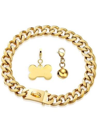 PRADOG Gold Chain Dog Collar with Buckle Bell &amp; Bone Tag 15mm Stainless Steel Chain Collars Cuban Link Dog Collar Designer Puppy Necklace (15mm, 10")