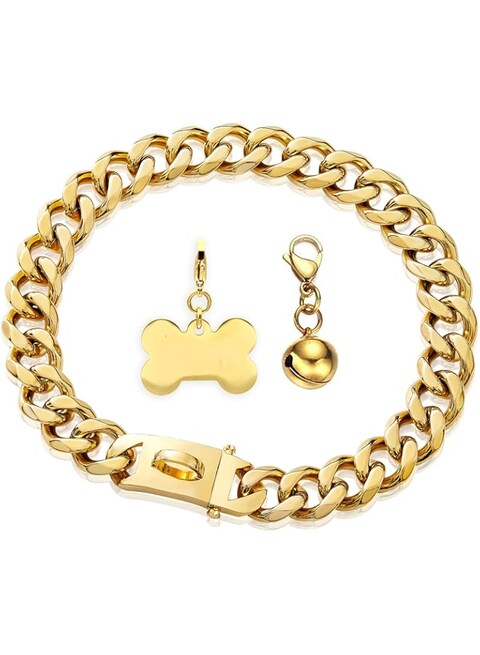 PRADOG Gold Chain Dog Collar with Buckle Bell &amp; Bone Tag 15mm Stainless Steel Chain Collars Cuban Link Dog Collar Designer Puppy Necklace (15mm, 10&quot;)