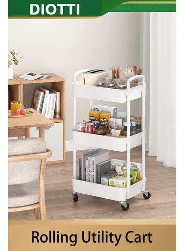 3-Tier Rolling Utility Cart with Handle, Plastic Storage Trolley on Wheels, Multi-Functional Organizer for Kitchen, Office, Living Room, Bathroom(30*20*60cm)