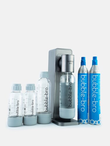 bubblebro Origin Sparkling Water Maker Family Pack - Comes with 2 x 60L CO₂ Cylinders, 1 x additional 1L BPA-Free Bottle with 2 x 500ML BPA-Free Bottles - Easy to Use Sodamaker Machine (Metallic Grey)