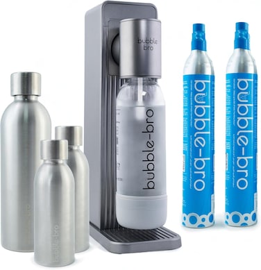 bubblebro Origin Stainless Steel Edition - Comes with 2 x 60L CO₂ Cylinders, 1 x additional 1L SS Bottle &amp; 2 x 500ML SS Bottles - Limited Edition (Metallic Grey)