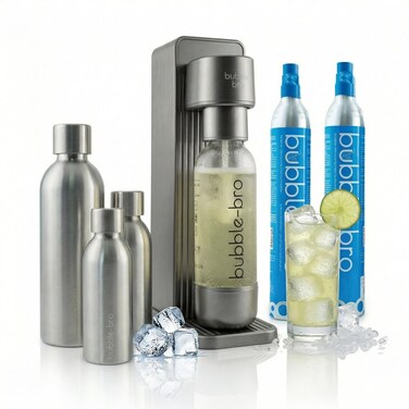 bubblebro Versa Stainless Steel Edition - Comes with 2 x 60L CO₂ Cylinders, 1 x additional 1L SS Bottle &amp; 2 x 500ML SS Bottles - Carbonate Any Drink - Limited Edition (Metallic Grey)