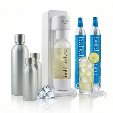 bubblebro Versa Stainless Steel Edition - Comes with 2 x 60L CO₂ Cylinders, 1 x additional 1L SS Bottle &amp; 2 x 500ML SS Bottles - Carbonate Any Drink - Limited Edition (White)